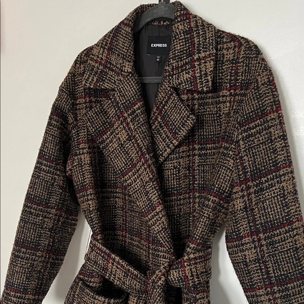 Express Tan Red Navy Tweed Plaid Coat - Picture 3 of 12